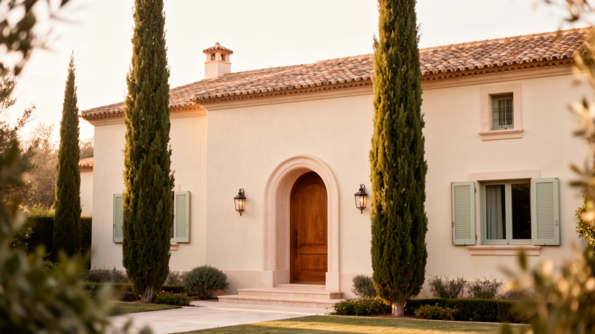 Mediterranean villa at golden hour, framed by olive trees